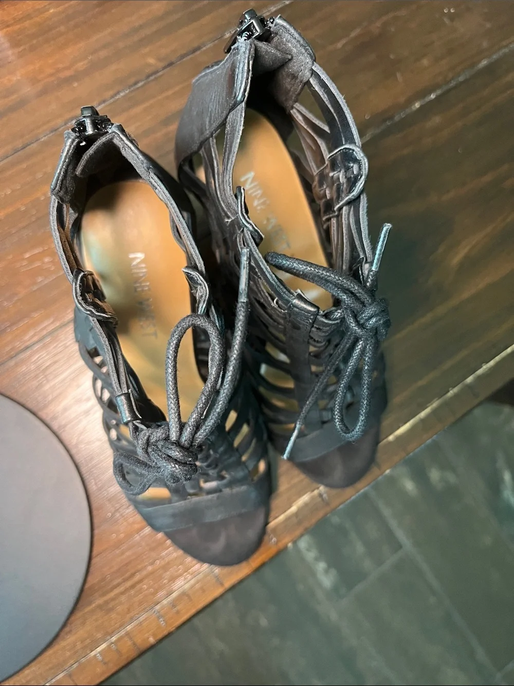 Nine West Black Lace-Up Cage Heeled Wedges